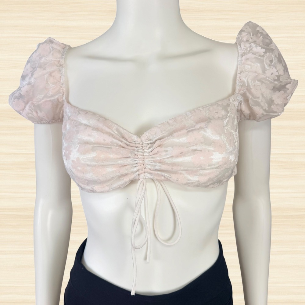 Lucy in the Sky Floral Mesh Crop Top Puff Sleeve Ruched Tie Back Coquette Pink S